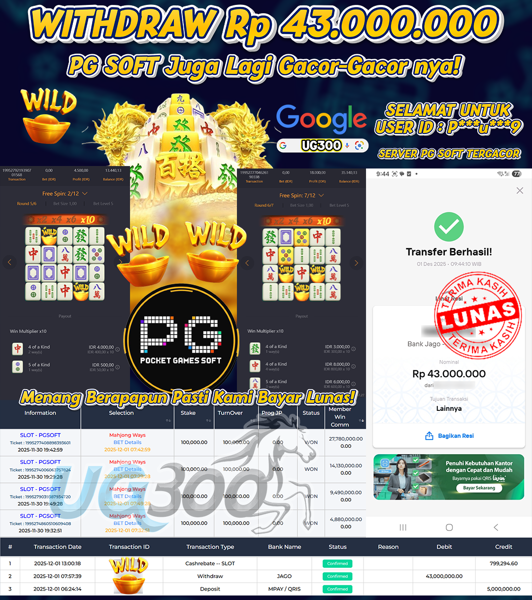 UG300 BERMAIN DI MAHJONG WAYS PG SOFT ONFIRE JACKPOT Rp.43,000,000- DI BAYAR TUNTAS